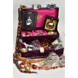 A JEWELLERY BOX OF ASSORTED COSTUME JEWELLERY, to include a selection of clip on earrings, brooches,