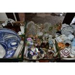 FIVE BOXES OF CERAMICS AND GLASSWARES, to include a box of blue and white ceramics by various makers