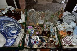 FIVE BOXES OF CERAMICS AND GLASSWARES, to include a box of blue and white ceramics by various makers