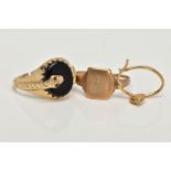 TWO RINGS AND A SINGLE EARRING, the first ring is an AF gents oval onyx signet detailed with a