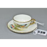 A ROYAL WORCESTER MINIATURE CUP AND SAUCER, the ivory ground painted with a Redstart to the cup