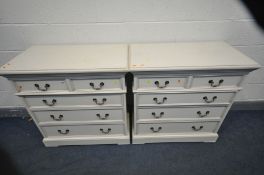 A PAIR OF CREAM PAINTED CHEST OF TWO SHORT OVER THREE LONG GRADUATING DRAWERS, width 87cm x depth