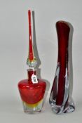 TWO PIECES OF LATE 20TH CENTURY MURANO STYLE CASED GLASSWARE, comprising a large perfume bottle with