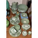 A SIXTEEN PIECE WEDGWOOD JASPERWARE COFFEE SET, AND GIFTWARES, all in sage green, comprising a