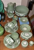 A SIXTEEN PIECE WEDGWOOD JASPERWARE COFFEE SET, AND GIFTWARES, all in sage green, comprising a