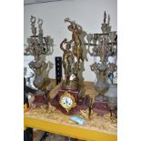 AN EARLY 20TH CENTURY BRONZED SPELTER AND ROUGE MARBLE CLOCK GARNITURE, the clock with figural