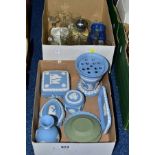 TWO BOXES AND LOOSE CERAMICS, GLASSWARES AND TYPEWRITER, to include a cased Olympia West German