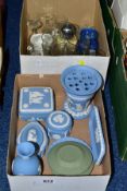 TWO BOXES AND LOOSE CERAMICS, GLASSWARES AND TYPEWRITER, to include a cased Olympia West German