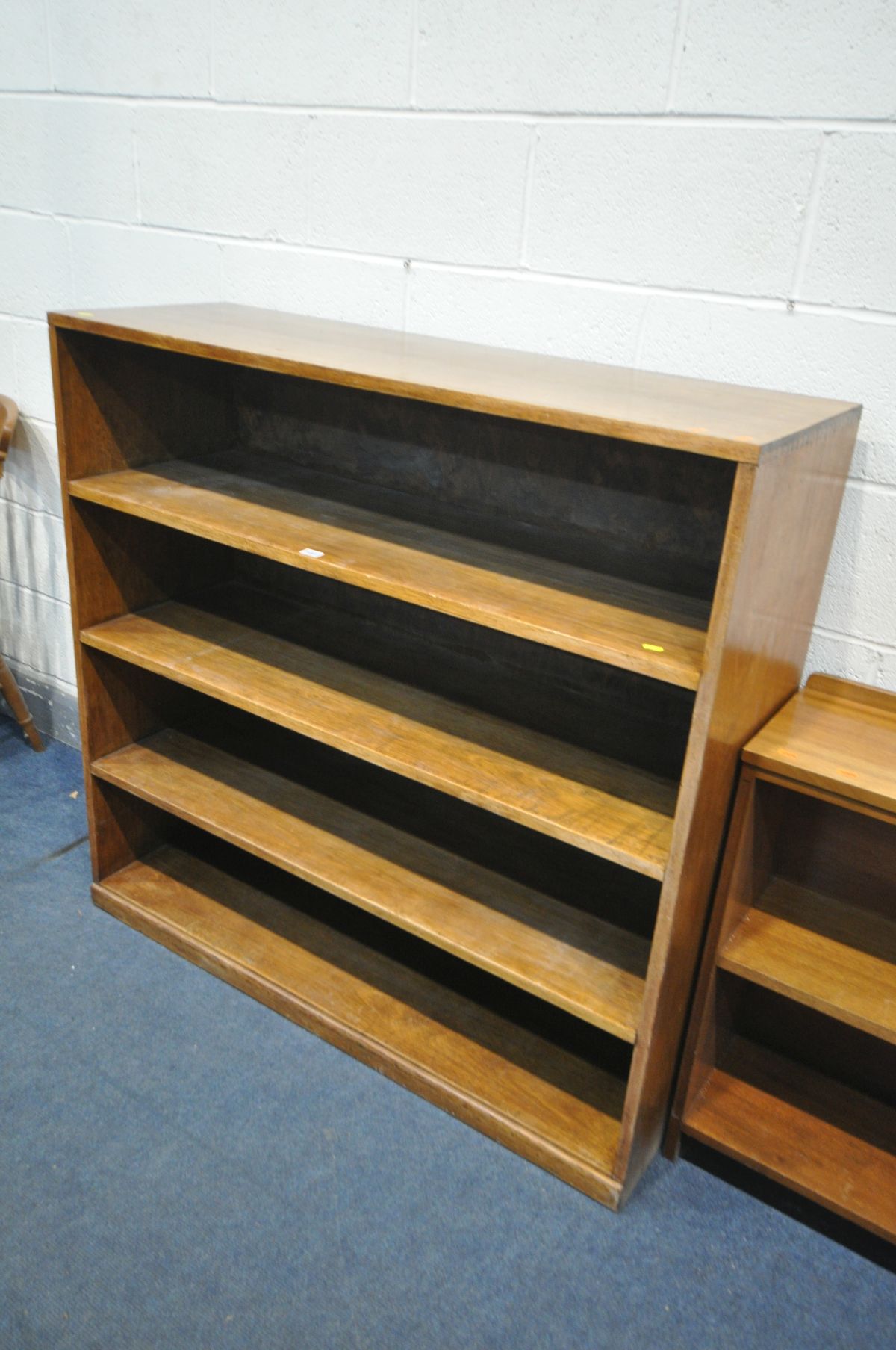 A WALNUT OPEN BOOKCASE, made up of four shelves, width 122cm x depth 42cm x height 118cm, and a teak - Image 2 of 3