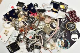 A BOX OF ASSORTED COSTUME JEWELLERY, to include three signed Marcel Wanders rings, with other