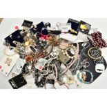 A BOX OF ASSORTED COSTUME JEWELLERY, to include three signed Marcel Wanders rings, with other