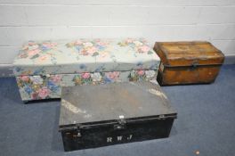 A VINTAGE DEED BOX, width 90cm x depth 48cm x height 31cm, a brown finish tin trunk and a floral