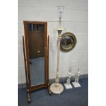 A MAHOGANY CHEVAL MIRROR, width 49cm x height 152cm, a cream French standard lamp, a near pair of