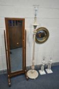 A MAHOGANY CHEVAL MIRROR, width 49cm x height 152cm, a cream French standard lamp, a near pair of