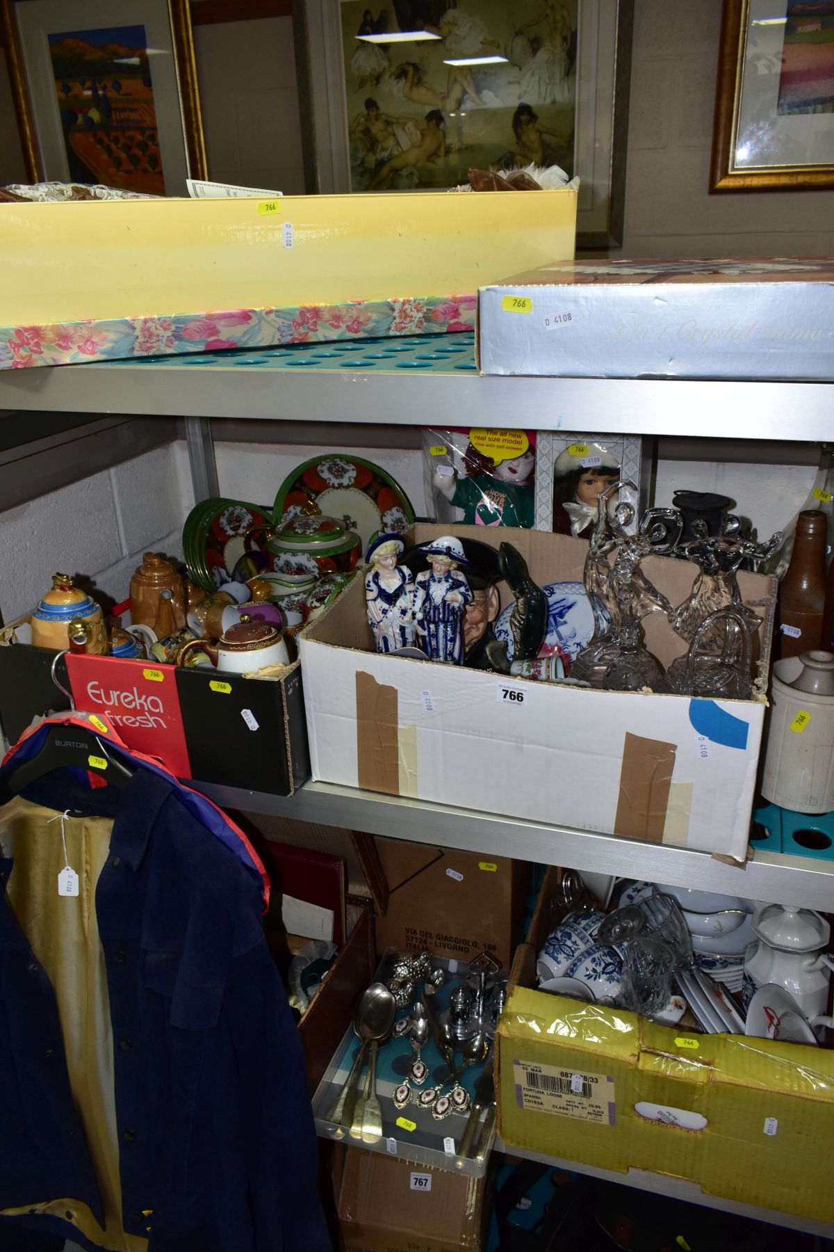 FOUR BOXES AND LOOSE CERAMICS, GLASSWARE, METALWARE, COLLECTORS DOLLS, ETC, including a Royal