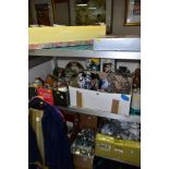 FOUR BOXES AND LOOSE CERAMICS, GLASSWARE, METALWARE, COLLECTORS DOLLS, ETC, including a Royal