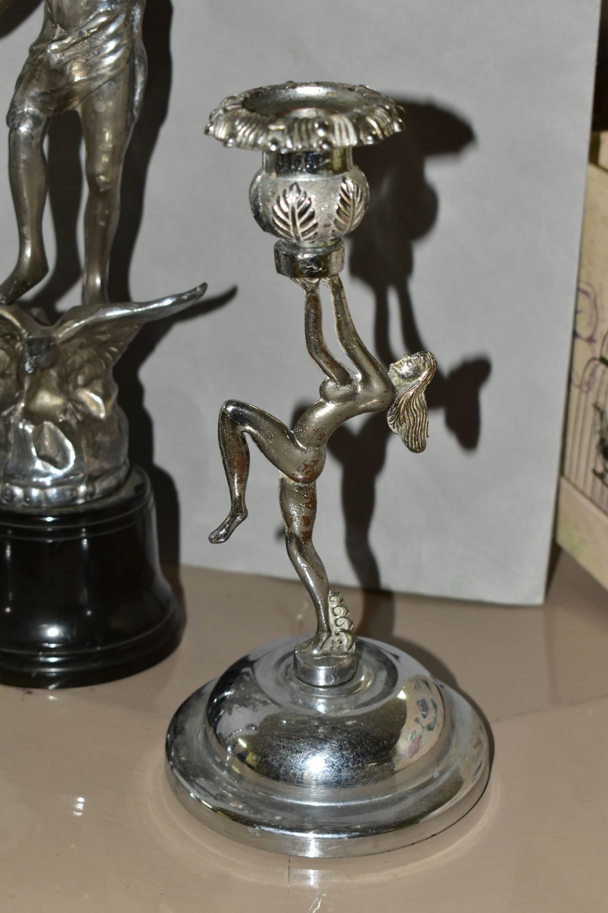 A PAIR OF ART DECO CHROME FIGURES, with a pair of Art Deco chrome candle holders, the chrome figures - Bild 2 aus 7