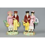 TWO LATE VICTORIAN STAFFORDSHIRE FIGURES OF A PAIR OF DANDIES, with bocage decoration, oval bases,