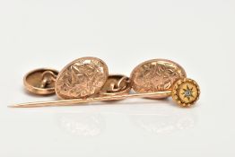 A PAIR OF 9CT GOLD CUFFLINKS AND A DIAMOND SET STICK PIN, each cufflink of an oval form decorated