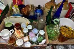 TWO BOXES AND LOOSE CERAMICS AND GLASSWARES, to include sixteen pieces of Denby Chevron pattern