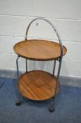 A MID-CENTURY CHROME AND ROSEWOOD EFFECT FOLDING TWO TIER TEA TROLLEY (good condition)