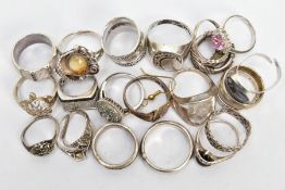 A BAG OF ASSORTED RINGS, to include four silver rings with full silver hallmarks, three stamped '