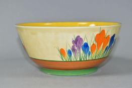 A CLARICE CLIFF WILKINSON LTD BIZARRE CROCUS PATTERN BOWL, yellow and green concentric bands to