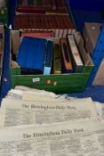 THREE BOXES AND LOOSE BOOKS AND NEWSPAPERS, comprising five Folio Society publications to include