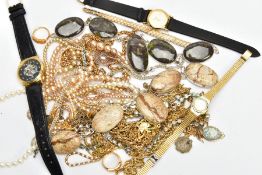 A BAG OF ASSORTED COSTUME JEWELLERY, to include two hardstone panel necklaces each set within a
