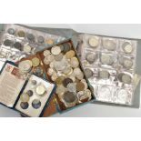 TWO COIN ALBUMS AND SMALL WOODEN BOX OF WORLD COINS, to include UK 1847 young head Victoria crown