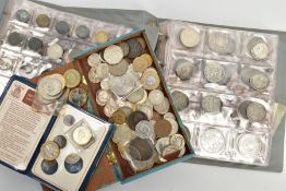 TWO COIN ALBUMS AND SMALL WOODEN BOX OF WORLD COINS, to include UK 1847 young head Victoria crown