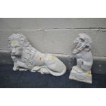 A WHITE PAINTED CAST IRON FIGURE Of A SEATED LION, length 56cm, and a door stop of a upright lion (