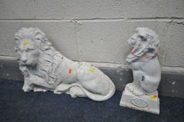 A WHITE PAINTED CAST IRON FIGURE Of A SEATED LION, length 56cm, and a door stop of a upright lion (