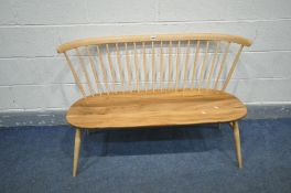 AN ERCOL WINDSOR ELM AND BEECH BOW TOP SOFA, length 112cm (condition:-stripped and refinished, old