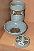 THREE PIECES OF POOLE STONEWARE, all three pieces with a pale aqua glaze, comprising a footed bowl