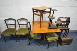 A G PLAN TEAK GATE LEG TABLE, an oak occasional table, four late Victorian dining chairs, a