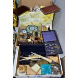THREE BOXES OF COLLECTIBLE ITEMS ETC, to include a small box of microscope slides, cased drawing