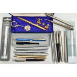 A BOX OF ASSORTED PENS AND PENCILS, to include a silver 'Yard o Led' pencil, hallmarked 'YOL' London
