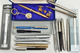 A BOX OF ASSORTED PENS AND PENCILS, to include a silver 'Yard o Led' pencil, hallmarked 'YOL' London