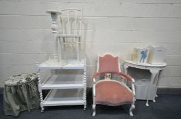 A SELECTION OF PAINTED OCCASSIONAL FURNITURE, to include a tea trolley, demi lune hall table, two