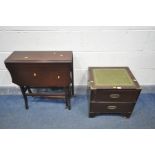 A SMALL MAHOGANY CAMPAIGN TWO DRAWER BEDSIDE CABINET, with a green leather inlay, width 47cm x depth