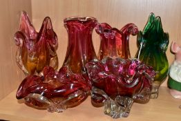 SIX MURANO STYLE BOHEMIAN CASED GLASS VASES AND BOWLS, one clear green and yellow, the other five