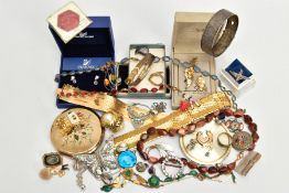 A BAG OF ASSORTED COSTUME JEWELLERY, to include a pair of gold tone and imitation pearl Christian