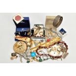 A BAG OF ASSORTED COSTUME JEWELLERY, to include a pair of gold tone and imitation pearl Christian