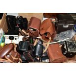 A BOX OF VINTAGE PHOTOGRAPHIC EQUIPMENT ETC, to include a Yashica FXD Quartz 35mm SLR camera