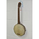 A VINTAGE BANJO, open backed, with a metal body and mother of pearl inlaid neck, approximate