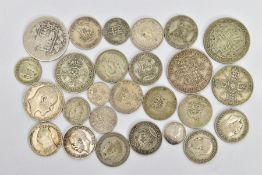 A BAG OF ASSORTED SILVER COINS, to include three pence's, one shillings, two shillings, half-crown