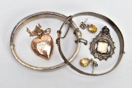 TWO SILVER HINGED BANGLES AND OTHER ITEMS, the first bangle designed with an engraved scrolling