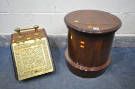 A VICTORIAN MAHOGANY CYLINDRICAL COMMODE, diameter 40cm x 45cm, and an oak and pressed brass