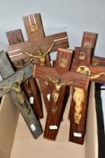 SIX WOODEN CRUCIFIXES WITH METAL AND RESIN CHRIST FIGURES, approximate height of tallest 35cm